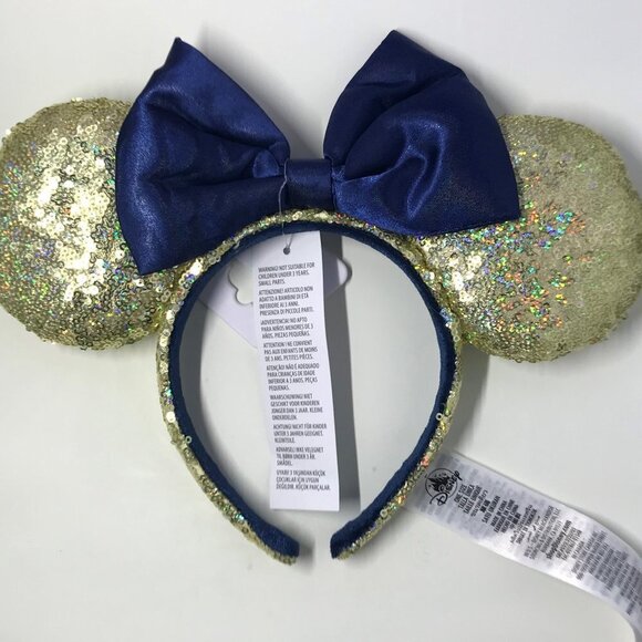 Disney Minnie Mouse Walt Disney World Accessories - 50th Anniversary Gold sequin and blue bow Disney Minnie Mouse ears NEW  2/2